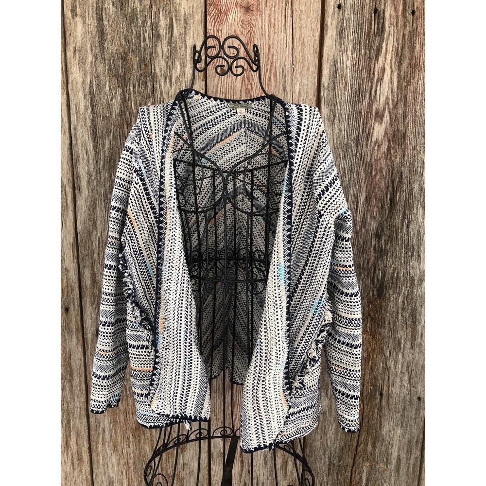 Lucky Brand S Navy Blue White Mixed Print Fringe Open Cardigan Sweater